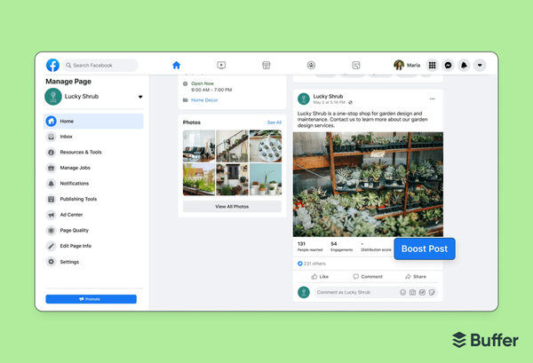 Facebook marketing screenshot of Lucky Shrub's Facebook Page with the Manage Page sidebar open and a Boost Post button highlighted on a garden centre photo
