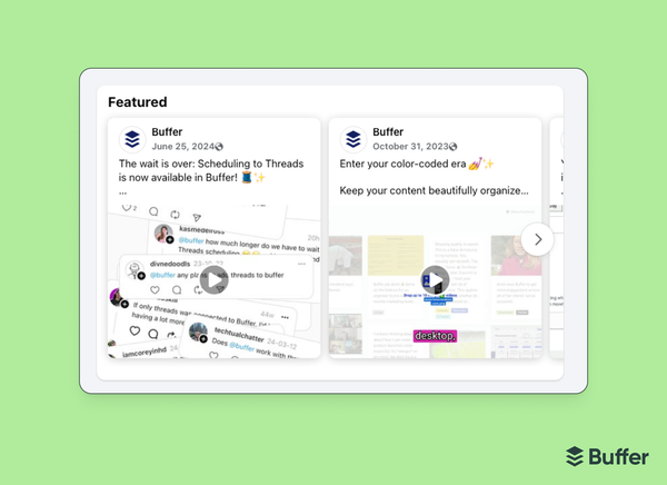Facebook marketing screenshot of Buffer's Facebook Page "Featured" section showing two pinned video posts about Threads scheduling and color-coded content tags