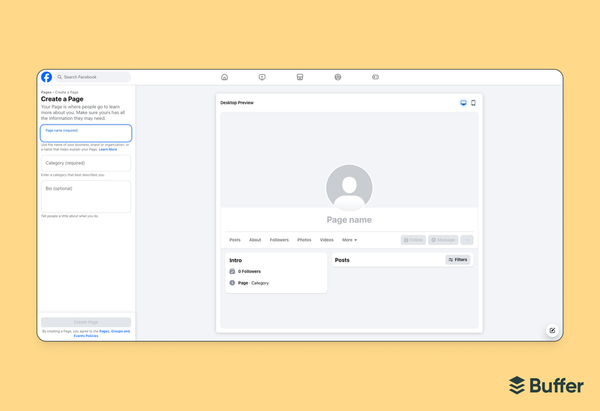 Facebook marketing screenshot of the Facebook "Create a Page" form with Page name, Category, and Bio fields alongside a blank desktop preview