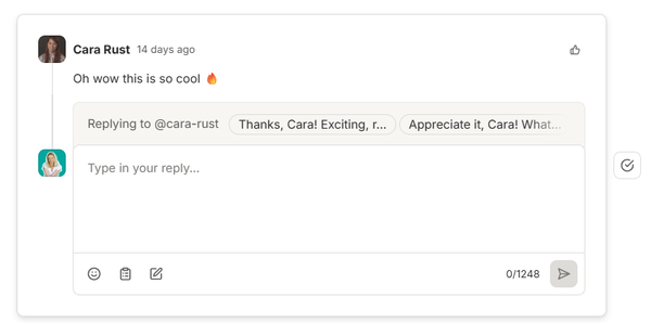 Buffer's comment reply inbox with AI-generated response suggestions, saved replies, and tools to engage followers faster.