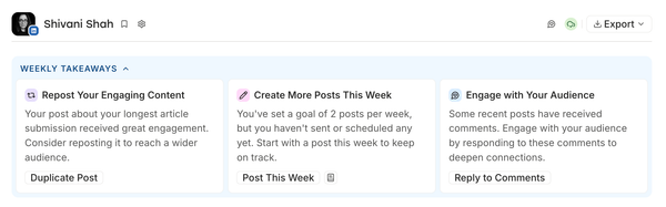 Buffer vs. Metricool comparison showing Buffer's Weekly Takeaways panel suggesting reposting content, posting more, and replying to comments