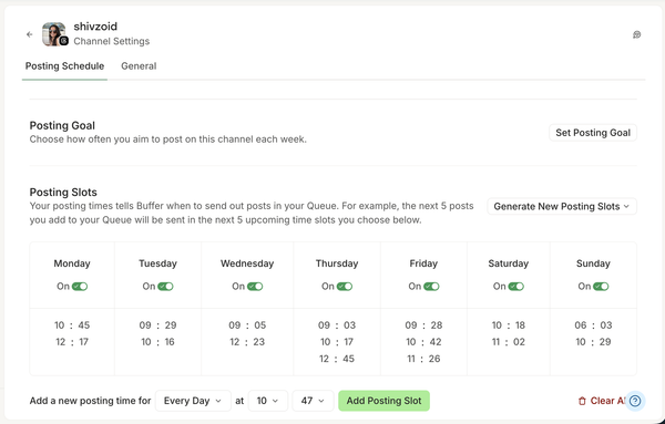 Buffer vs. Metricool comparison showing Buffer's Posting Schedule settings with posting goal and weekly posting time slots