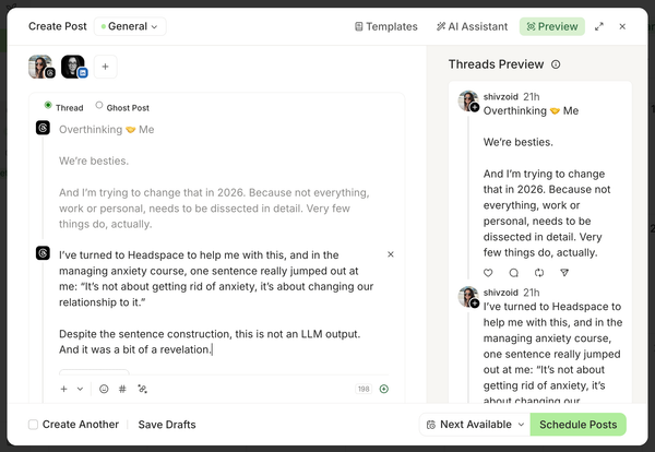 Buffer vs. Metricool comparison showing Buffer's post composer with a Threads draft and live preview panel