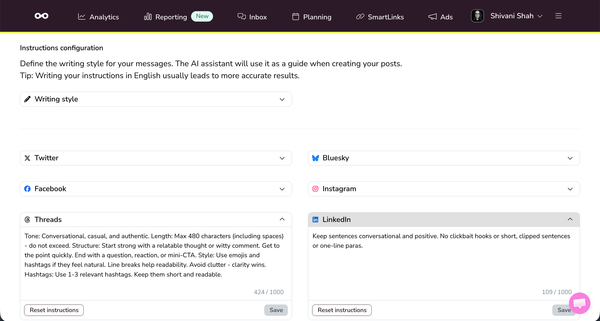 Buffer vs. Metricool comparison showing Metricool's AI writing style instructions for Threads, LinkedIn, and other connected platforms