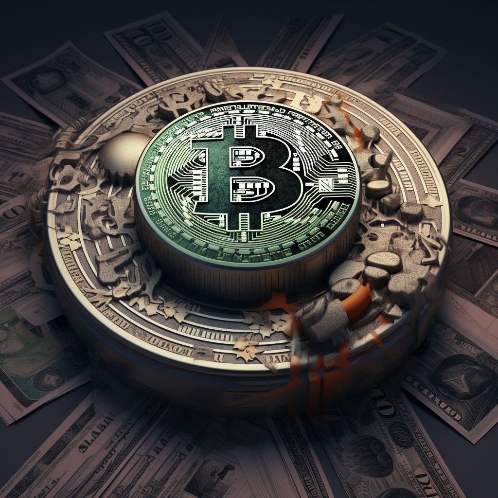 Bitcoin en primer plano y dólares en segundo