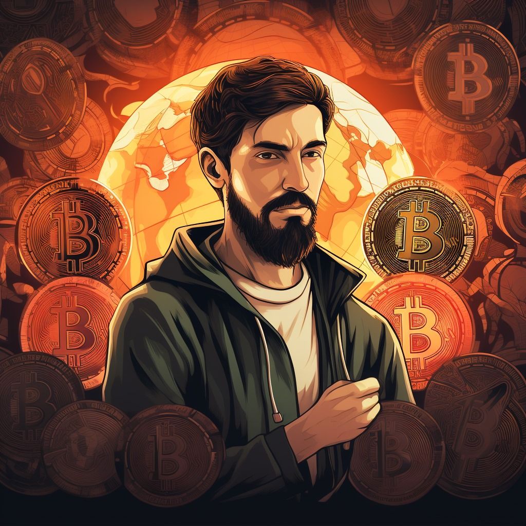 Imágen de hombre pensando y usando Bitcoin.