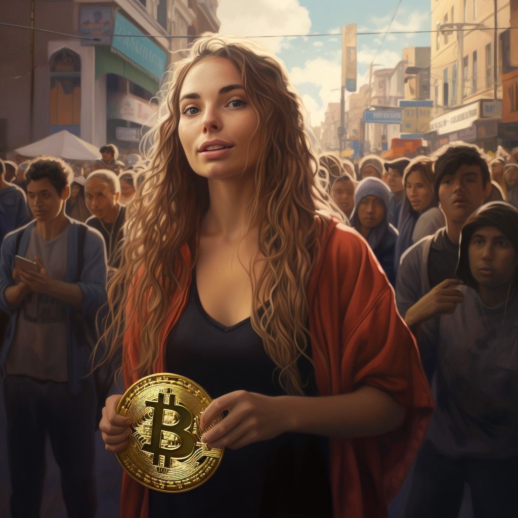 Imagen de mujer con un Bitcoin en su mano.