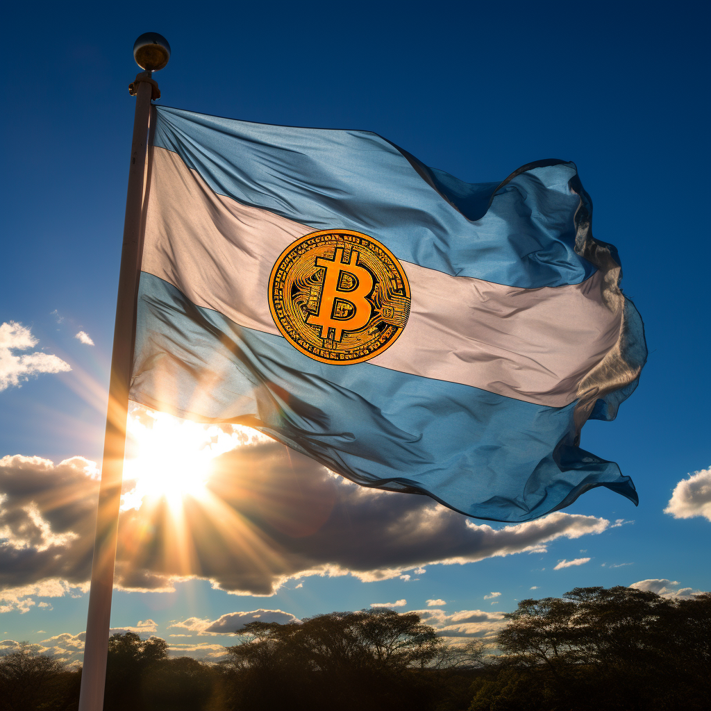 foto de bandera argentina con Bitcoin como sol