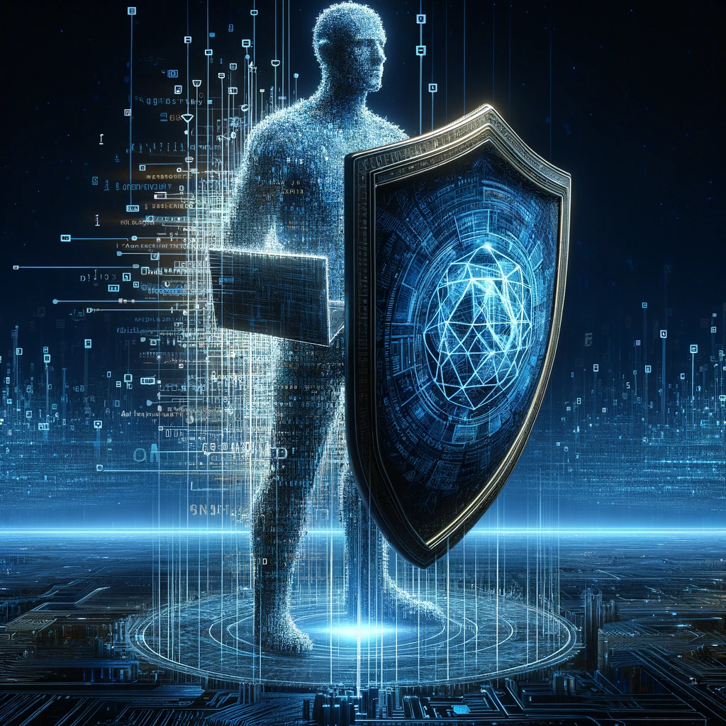 Holograma de hombre con un escudo y un laptop