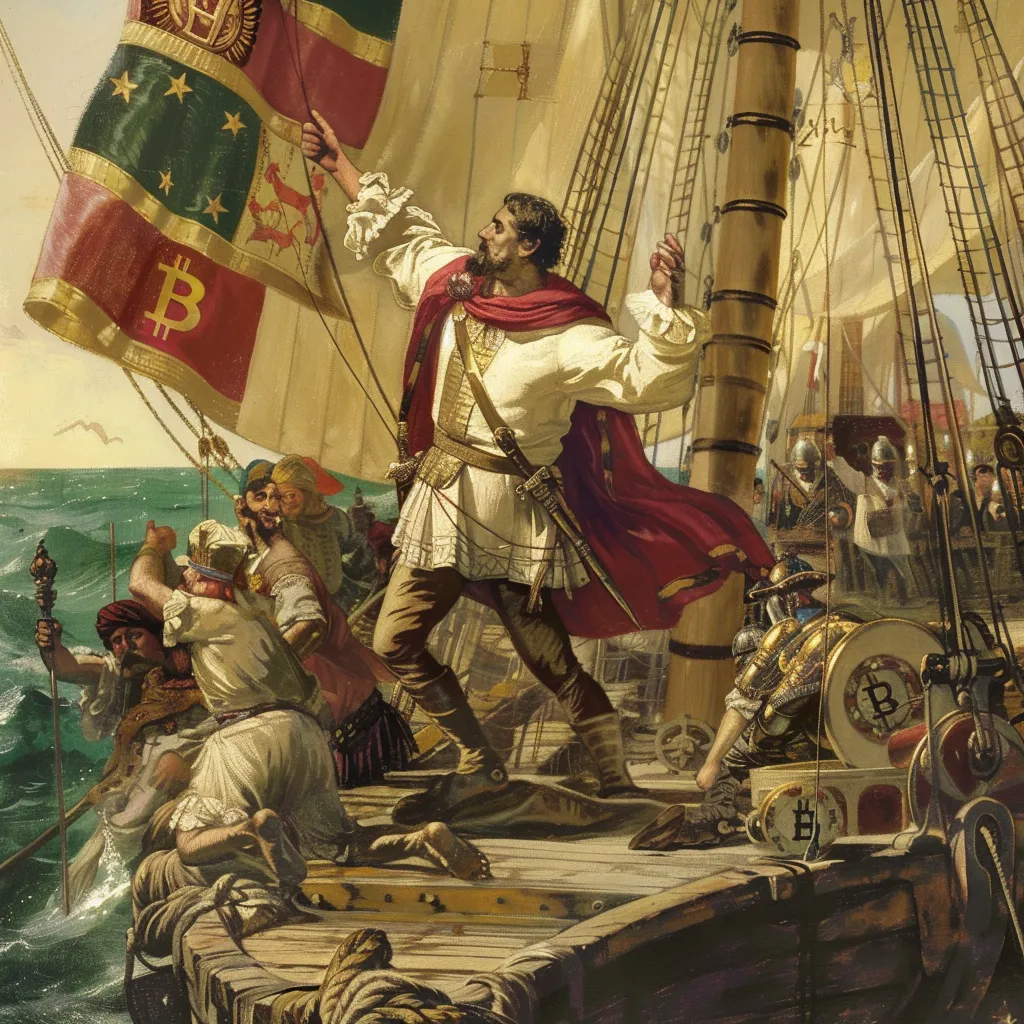 Conquistador con la bandera de Bitcoin