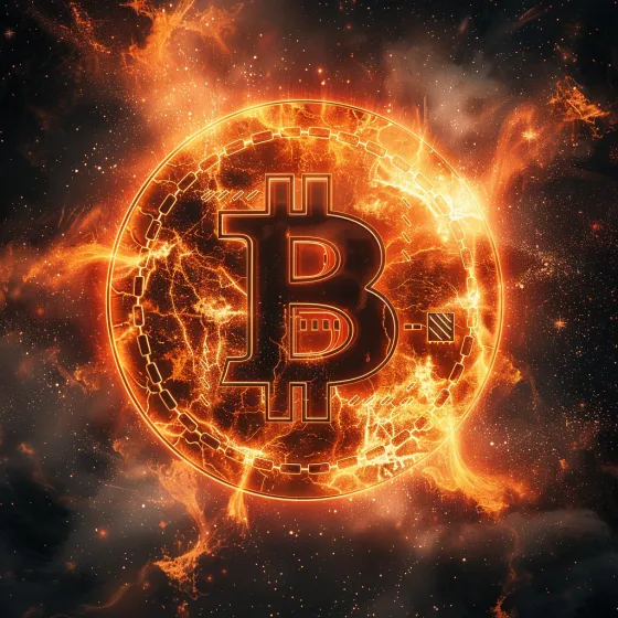 Sol ardiendo con el logo de Bitcoin
