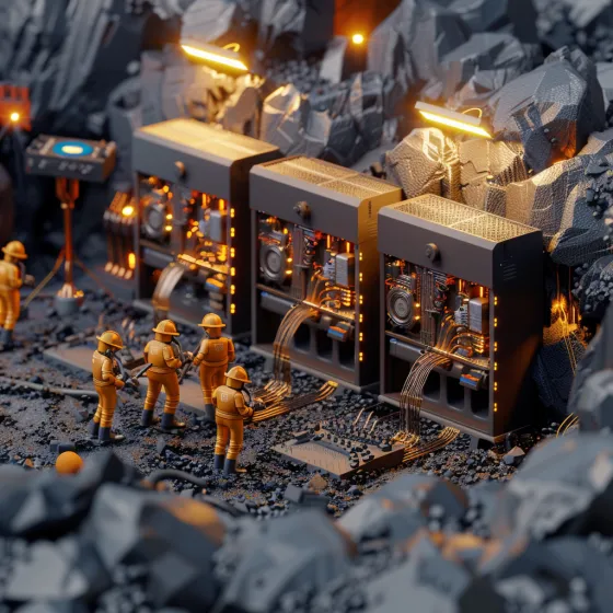 Imagen de mineros de Bitcoin en miniatura trabajando 
