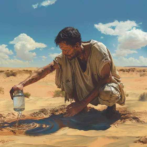 Hombre sediento en el desierto