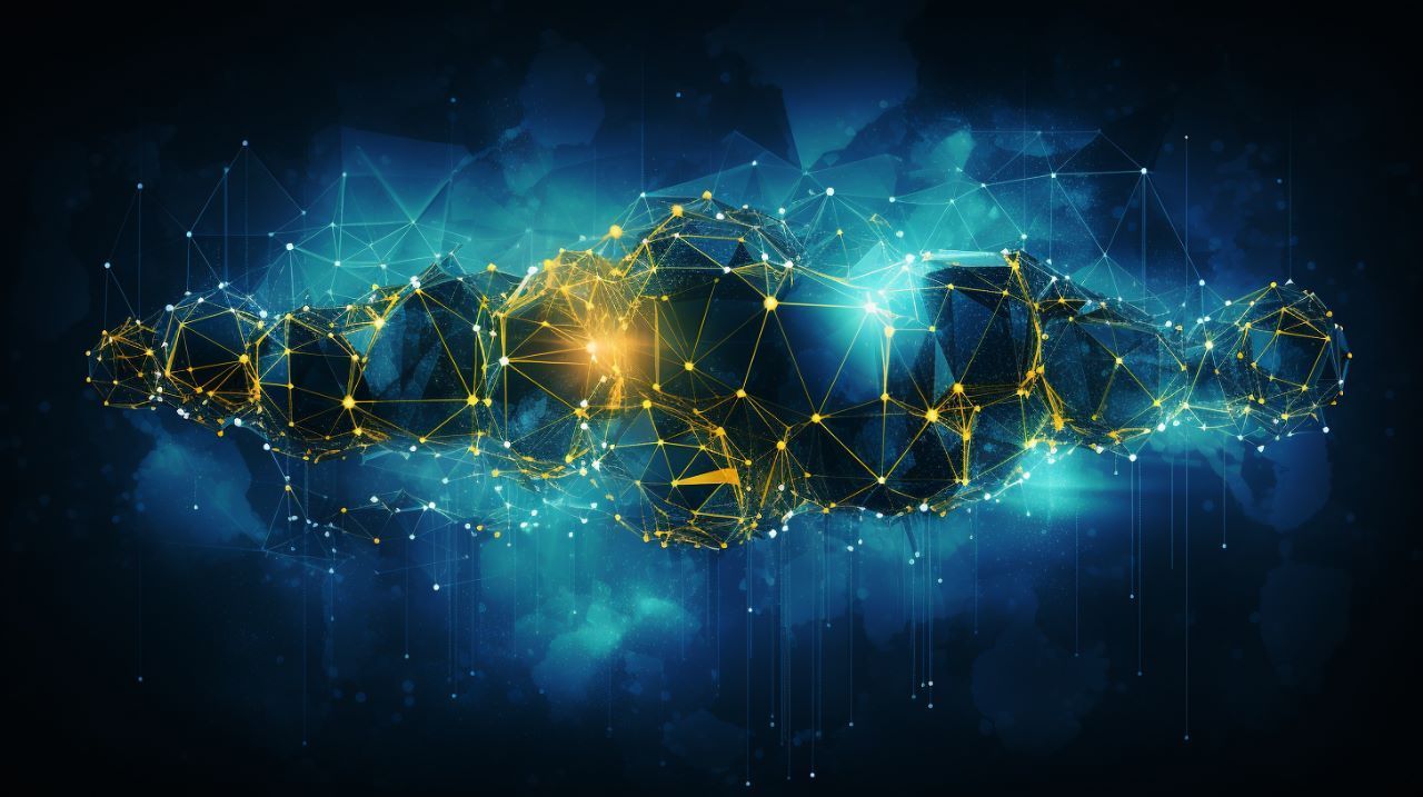 Ilustración digital de una nebula y redes que se conectan en el espacio