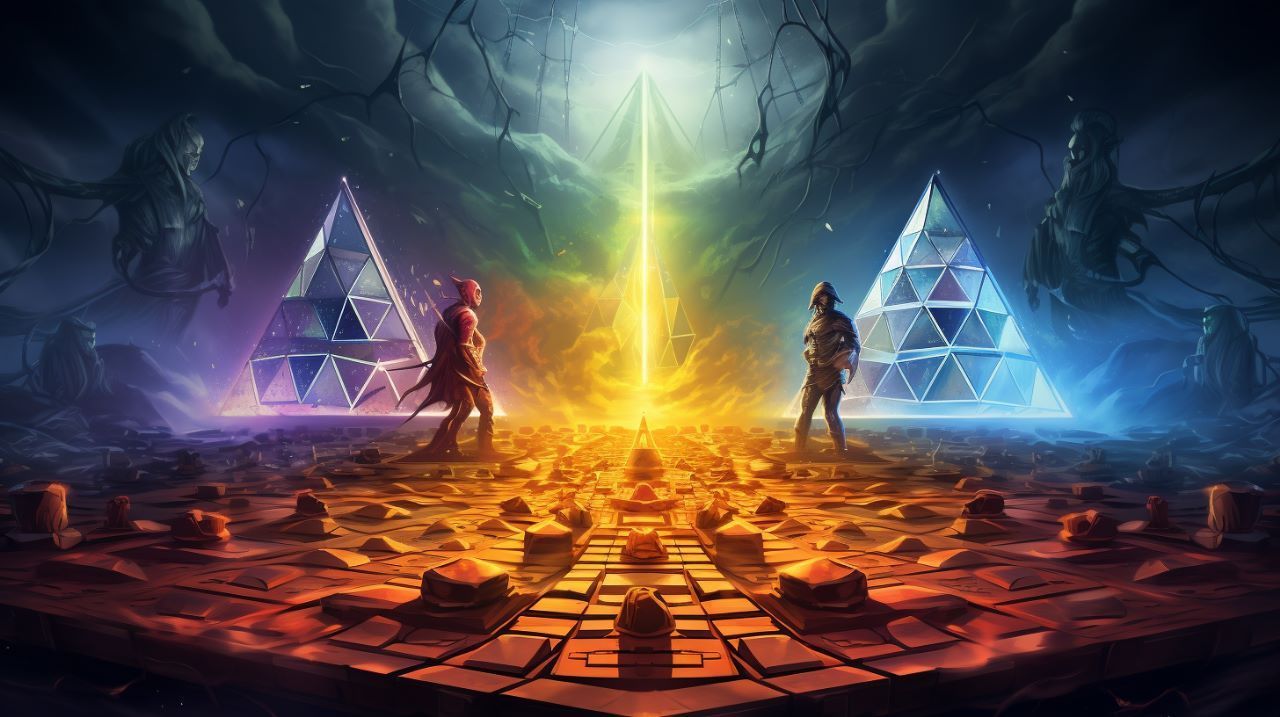 Dos guerreros en una batalla en una arena surreal y futurista