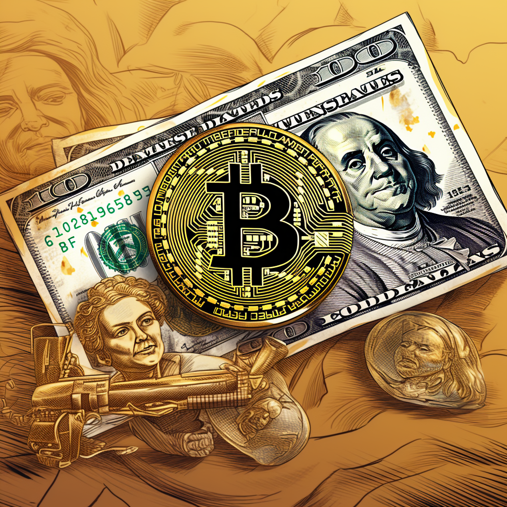 Ilustración de dólares, Bitcoin y otras monedas