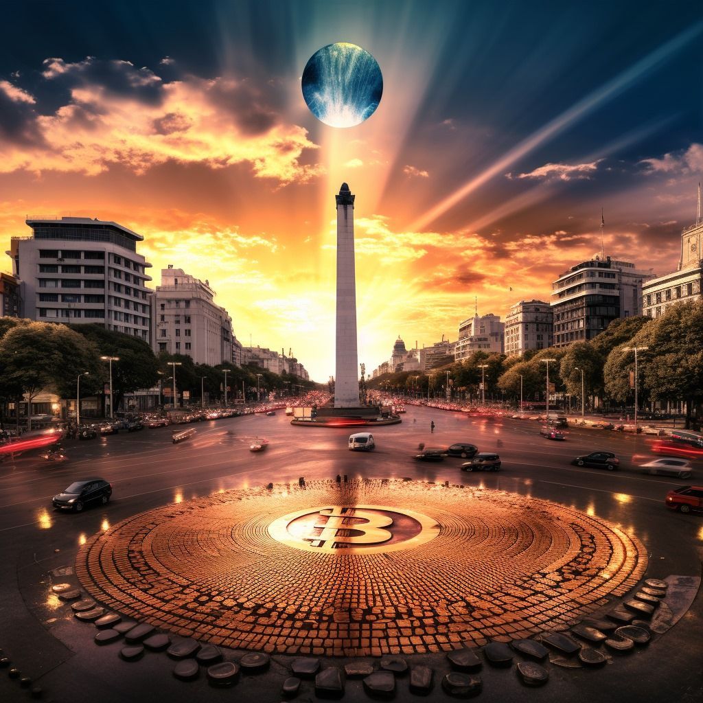 Foto del obelizco porteño con una arte de Bitcoin
