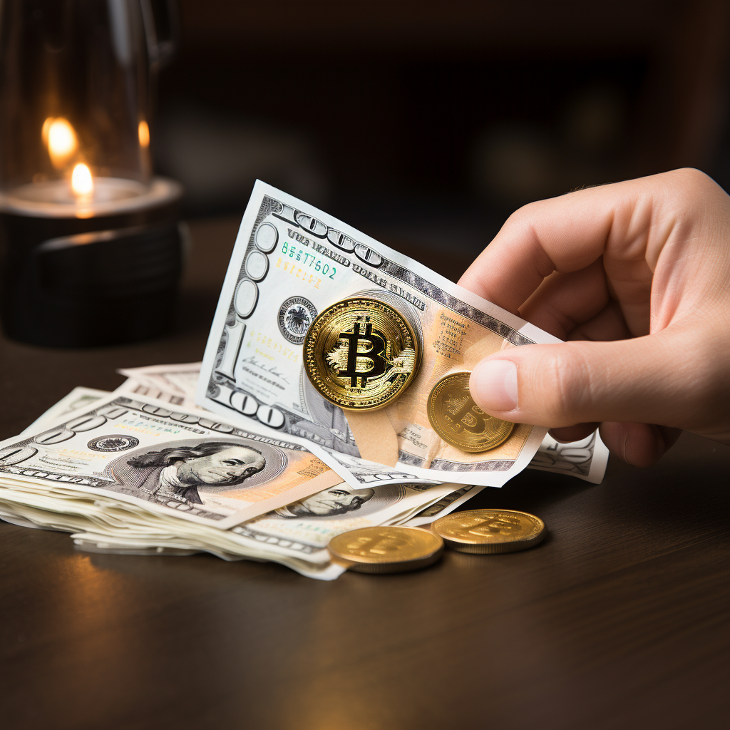 Foto de mano derecha con dólares y Bitcoin.