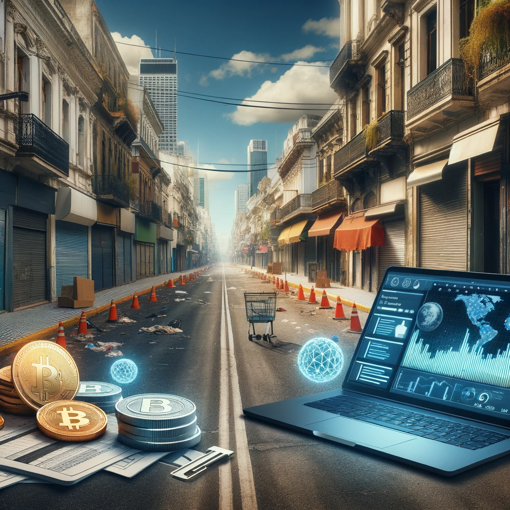 imagen de un laptop en medio de una ciudad y Bitcoin y otras monedas