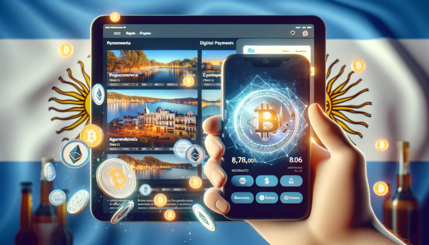 Ilustración de una mano con un celular y la bandera Argentina mostrando pagos en Bitcoin