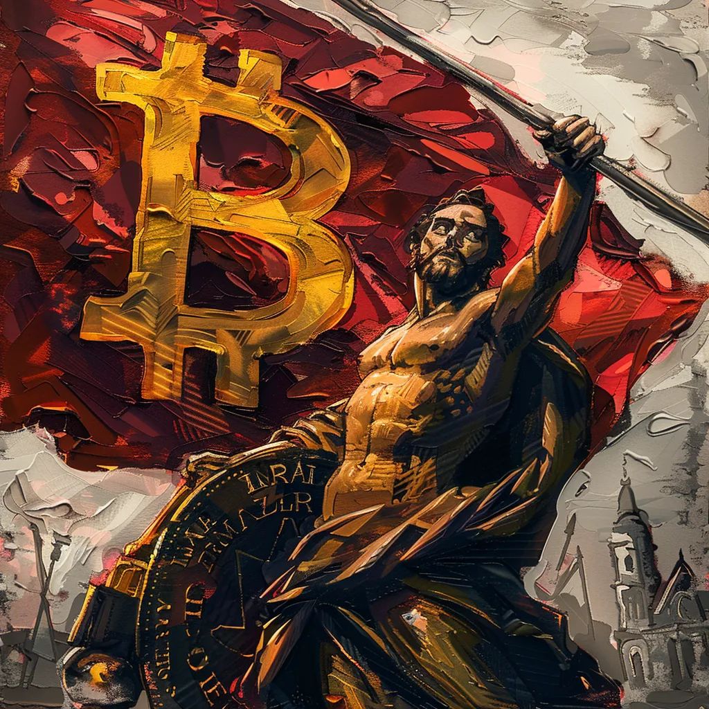 Guerrero luchando con la bandera de Bitcoin