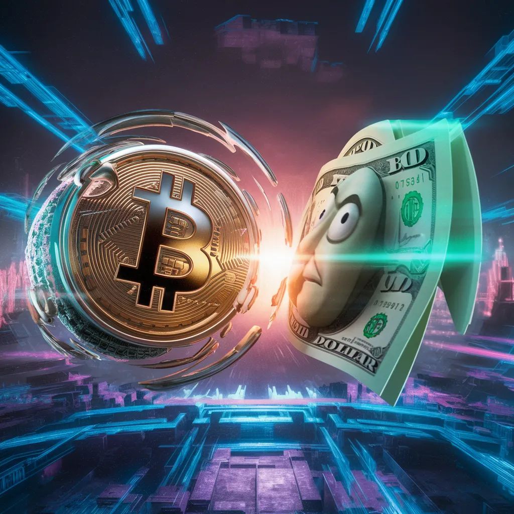 Caricatura de Bitcoin y el Dólar