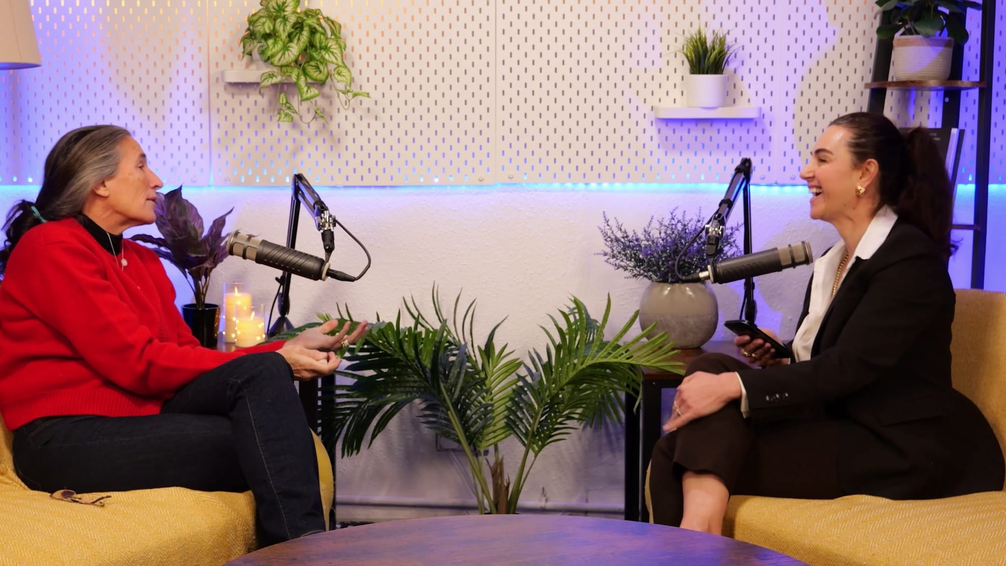Lara Morgan in conversation with host Aleksandra King on The BEYOND Podcast, both laughing in the studio two-shot.