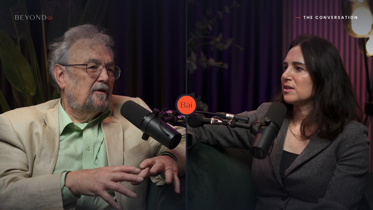 Robin Dunbar and Aleksandra King side by side in conversation on The BEYOND Podcast