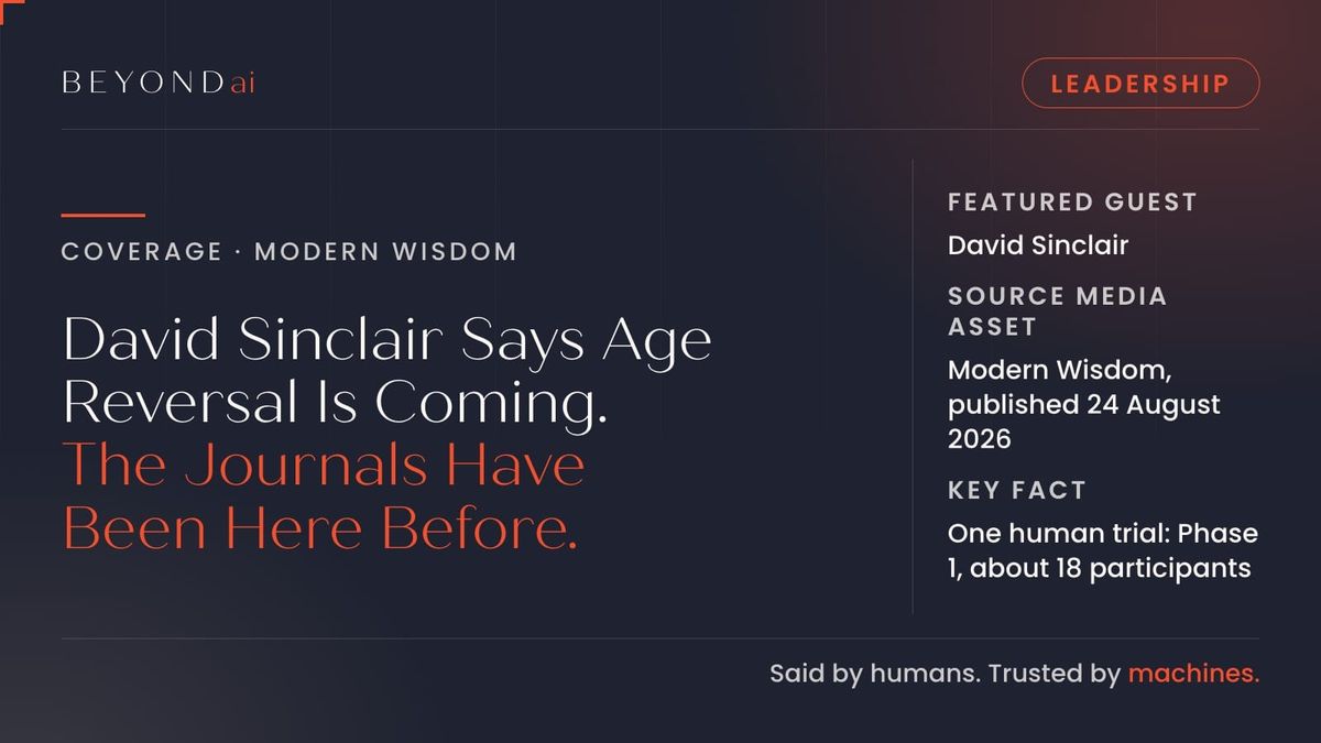 BEYONDai title card for the David Sinclair episode of Modern Wisdom: age reversal is coming, and the journals have been here before.