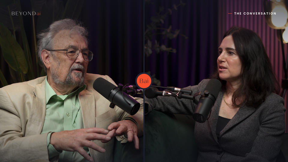 Robin Dunbar and Aleksandra King side by side in conversation on The BEYOND Podcast
