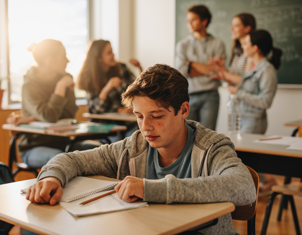 Jugendlicher mit Stresssymptomen im Klassenraum, Online Gaming, Gaming Disorder, 