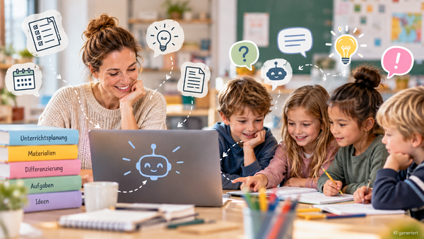 Eine Lehrkraft mit vier Kindern vor einem Computer