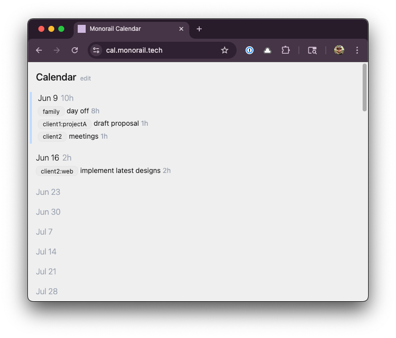 A web view of the above data, but with total hours for the week next to the date, and a blue stripe on the left of the current week