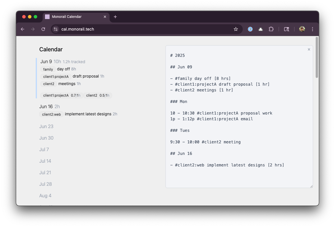 Editor pane now has entries for Monday and Tuesday for the week of June 9th