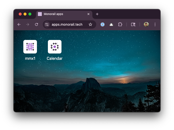 A screenshot of a website with two little labeled app icons: mmx1 and Calendar