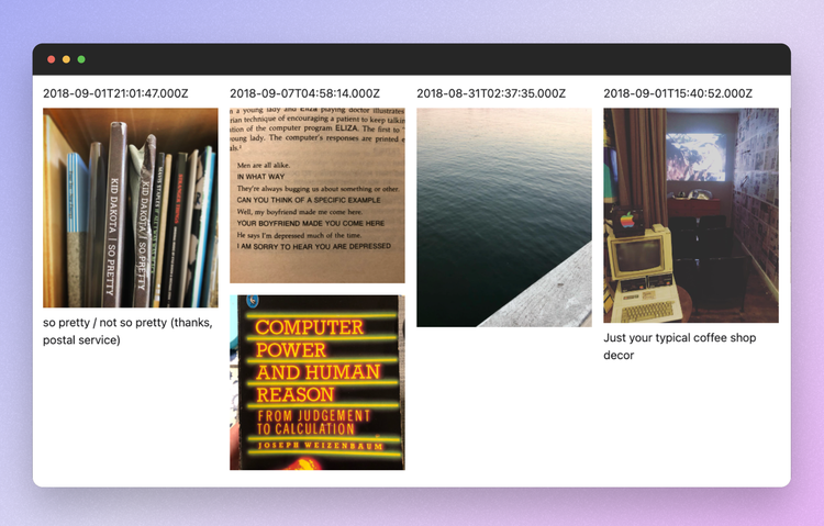 Photos with timestamps, some with captions, in a bare bones layout on a web page