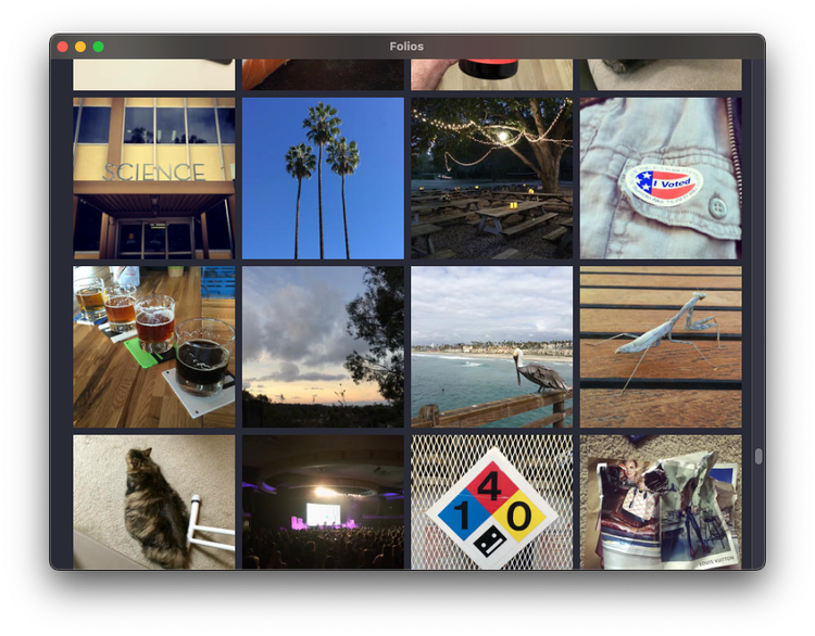 A screen shot of a Mac app called "Folios," showing a grid view of a bunch of phot