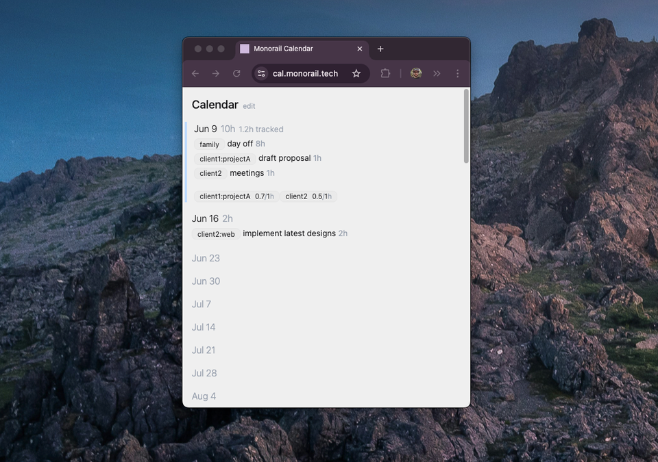 A screenshot showing a relatively minimalist weekly calendar, with tagged entries under each Monday's date