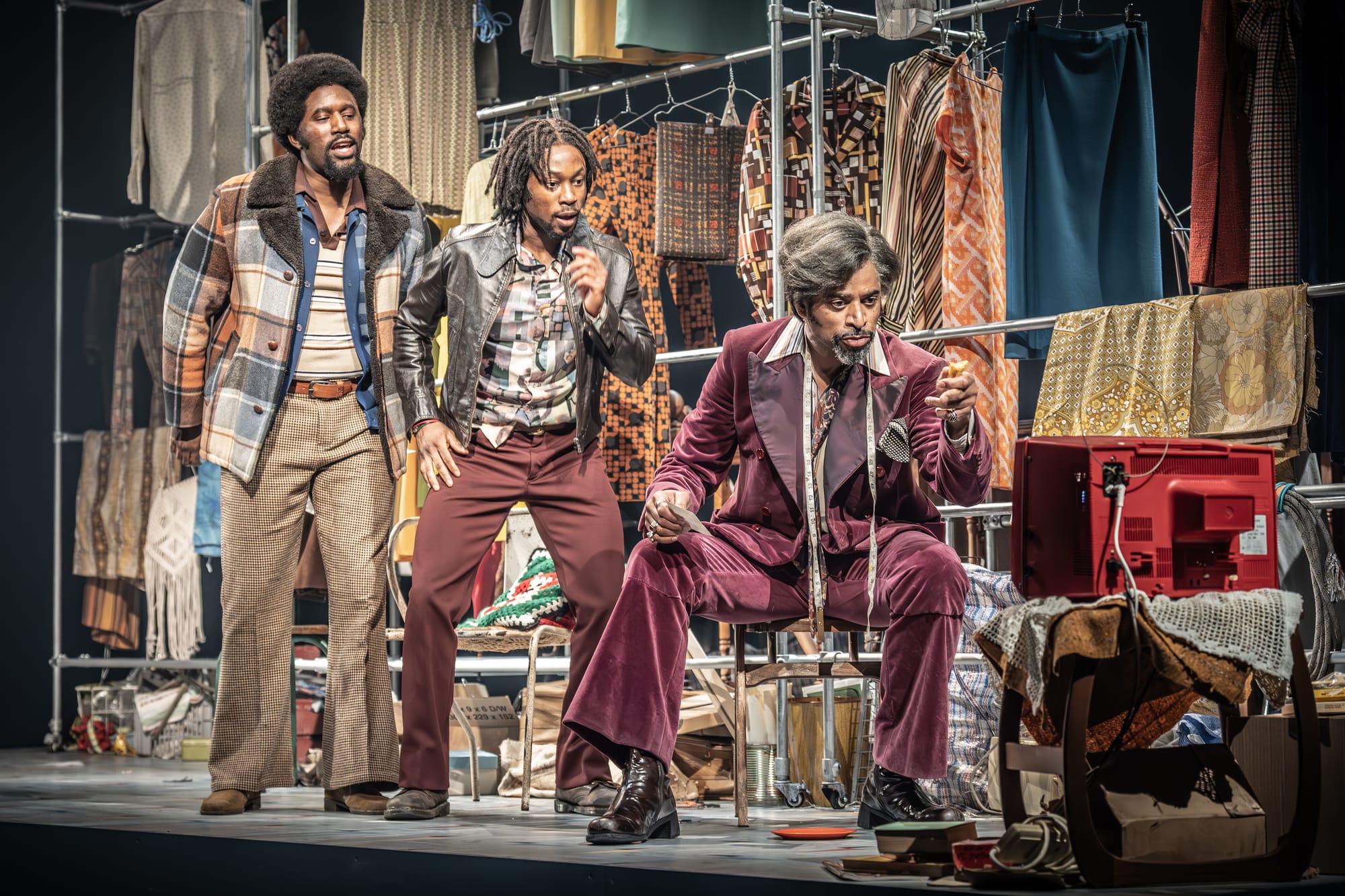 Gershwyn Eustache Jnr (Buster), Raphel Famotibe (Courtney) and Karl Collins (Horace) in Alterations&nbsp;at the National Theatre