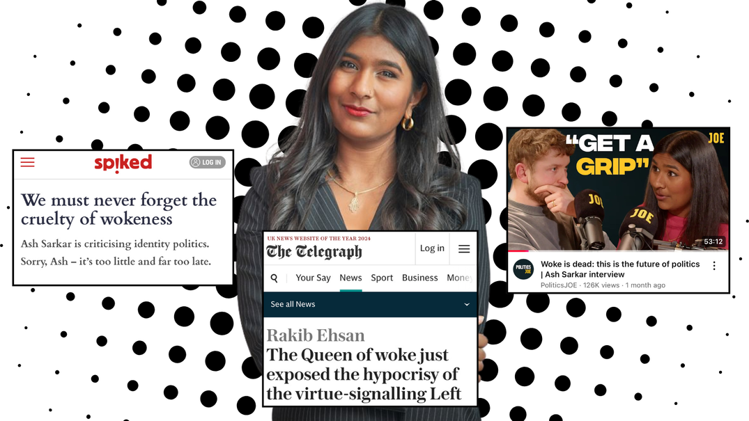 Novara journalist Ash Sarkhar on a polka dot background with recent headline clippings about her book Minority Rule