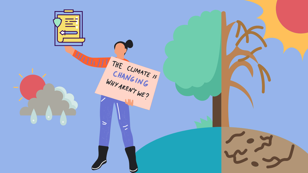 A campaigner holding a sign saying 'the climate is changing why aren't we?' and a graphic of half of a tree in bloom and the 