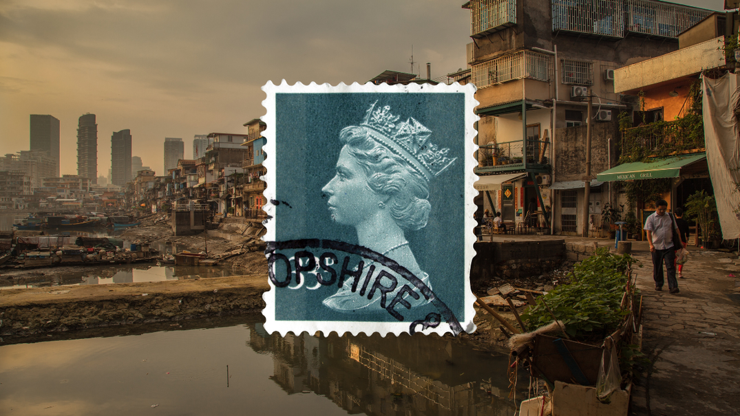 A stamp of the Queen in front of a backdrop of a poor shanty town in India
