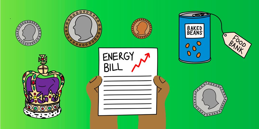 An illustration showing an energy bill, baked beans with a high price tag, various coins with the King's face, and a crown.