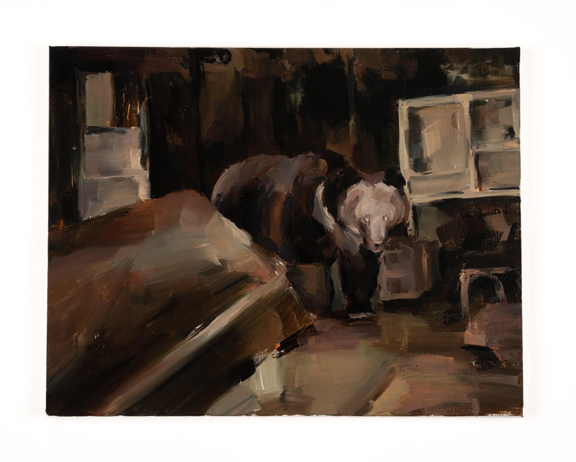an oil painting of a bear intruding the kitchen in a house
