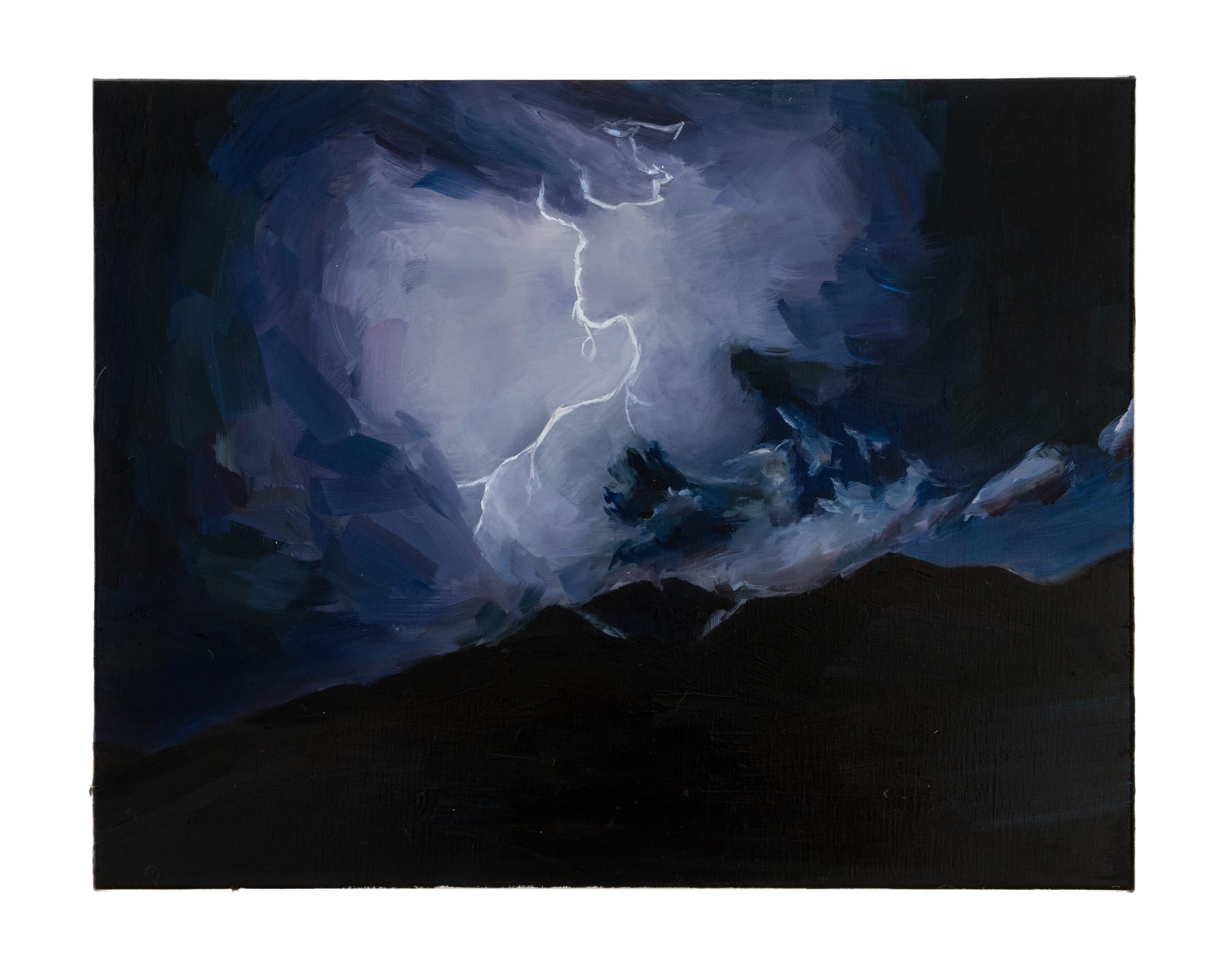 an oil painting of thunder descending from sky to mountain tops at night