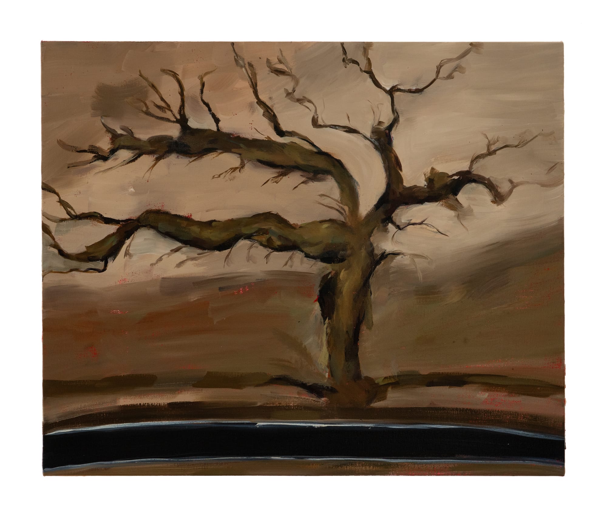 an oil painting of a tree whose growth resembles a waterway