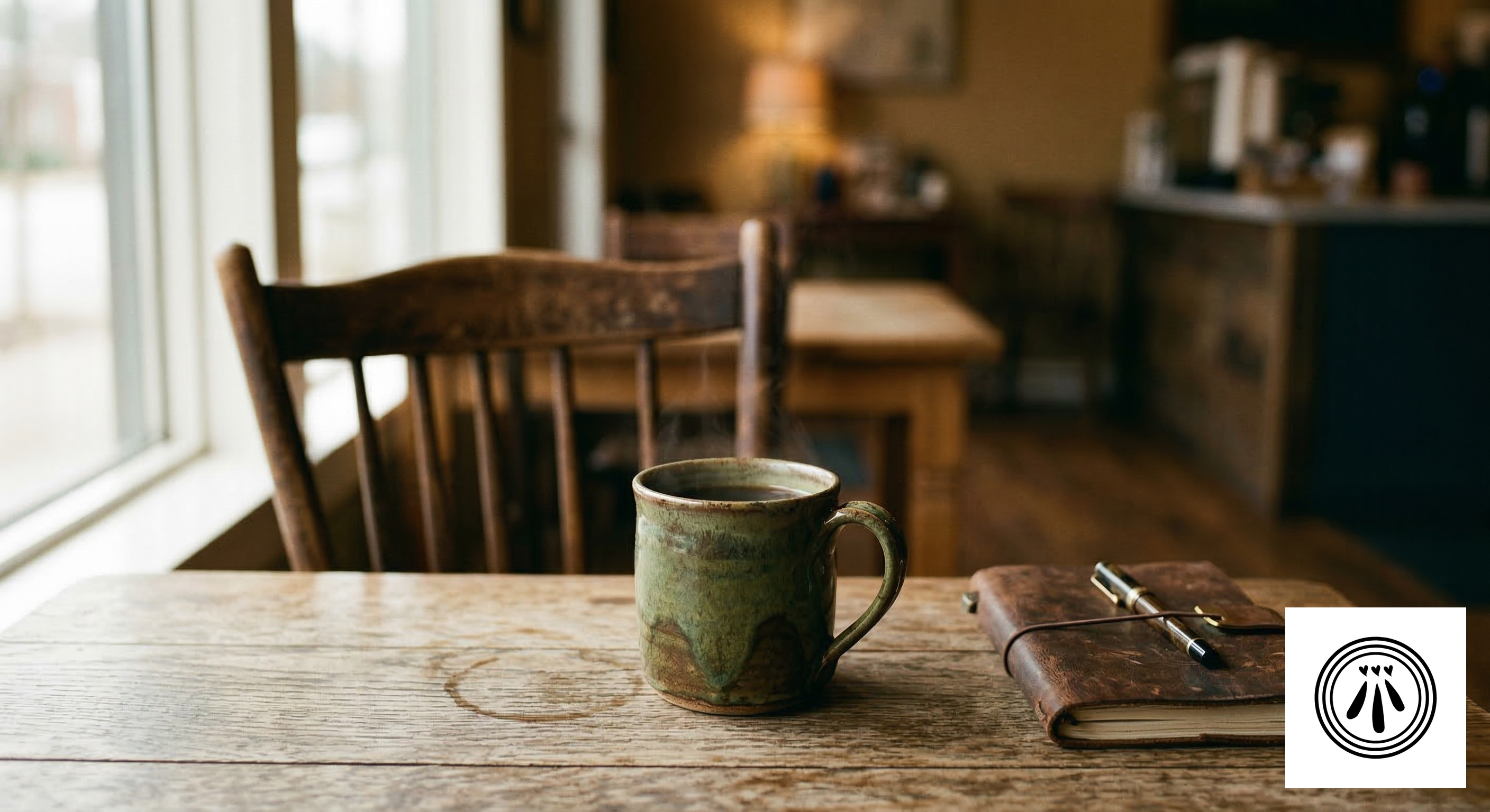 A close-up of a steaming, rustic green ceramic mug of coffee and a leather-bound notebook with a fountain pen on a distressed wooden table, capturing a quiet and intentional workspace within the hospitable room of the Fragile Moments Story House. The background features a rustic chair and a soft, warm window view, symbolizing sustainable work and human-centered podcasting.