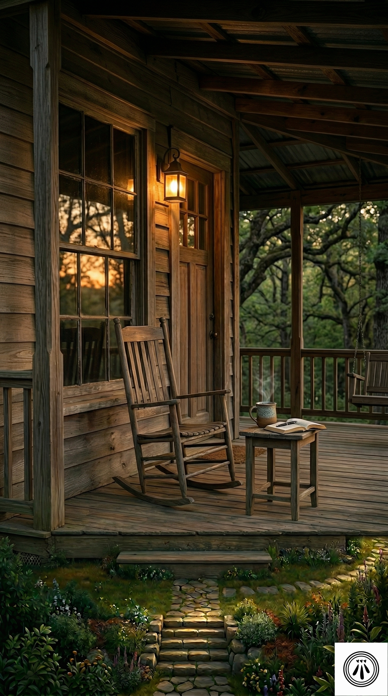 A quiet North Carolina porch at dusk with an empty chair and a ceramic mug, reflecting a soft sunset in an antique window—symbolizing the shift from public performance to private reflection.