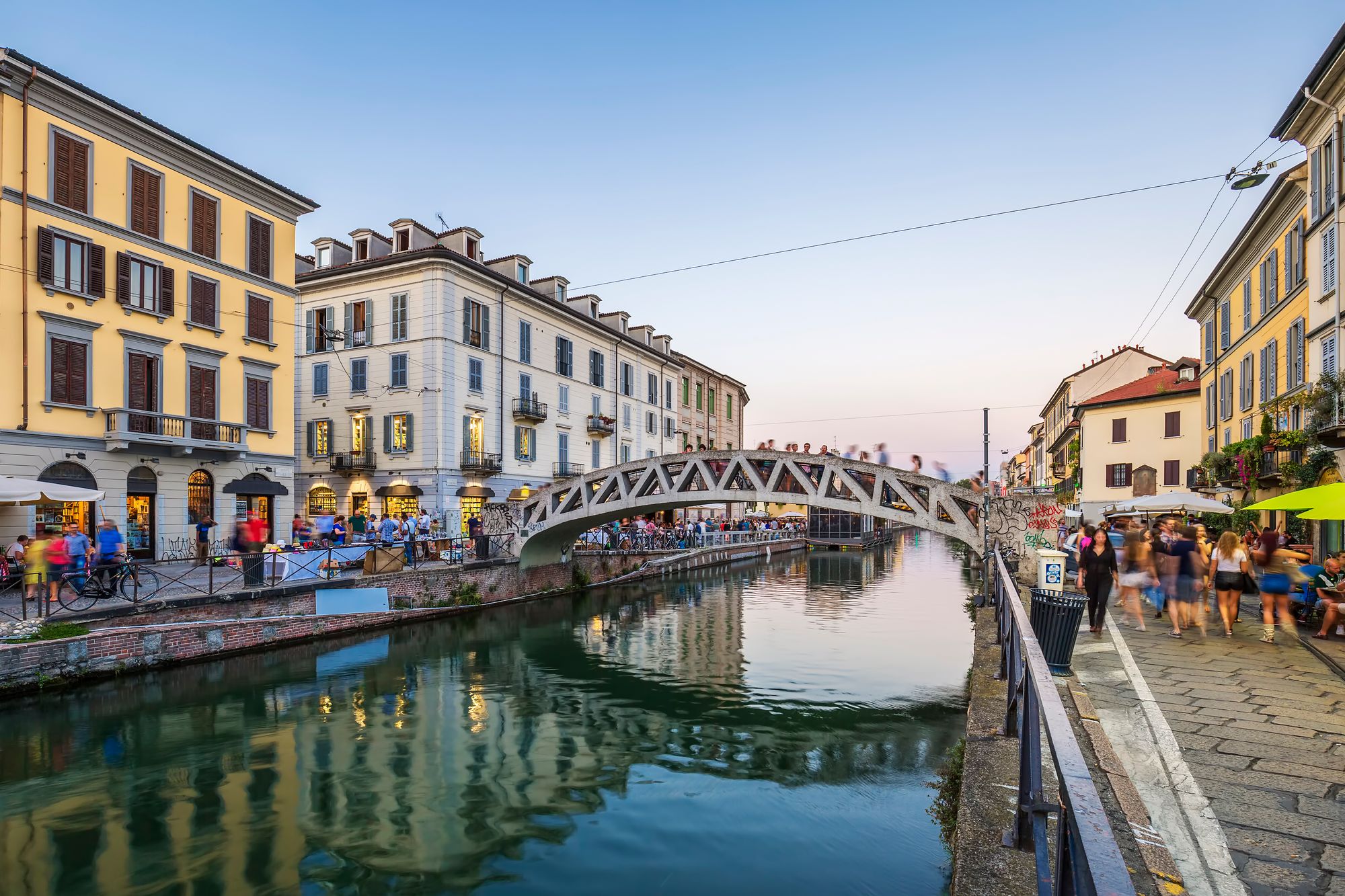 People walking alongside the Naviglio in Milan