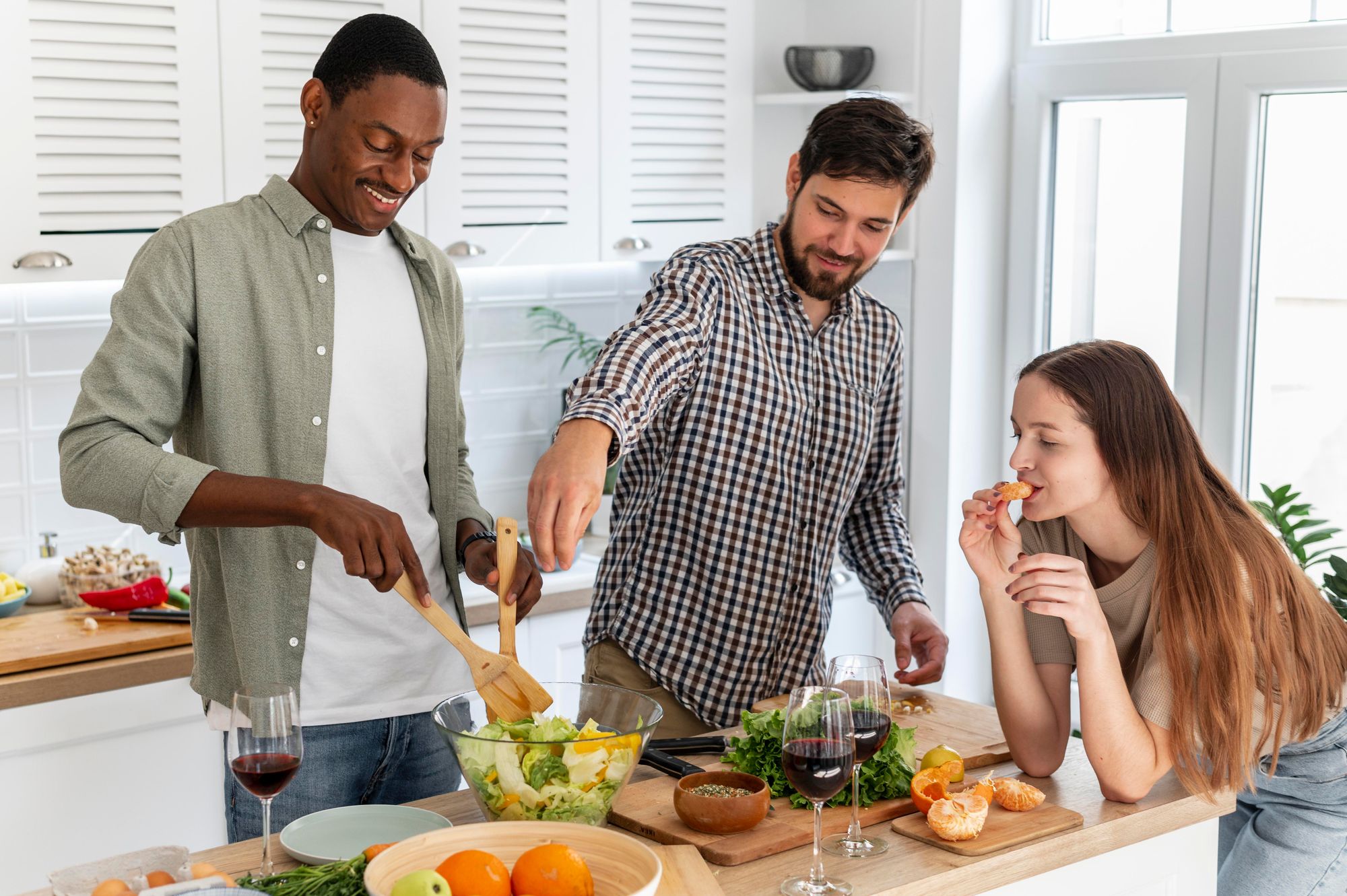 Three roommates, two boys and one girl cook together drinking a glass of red wine